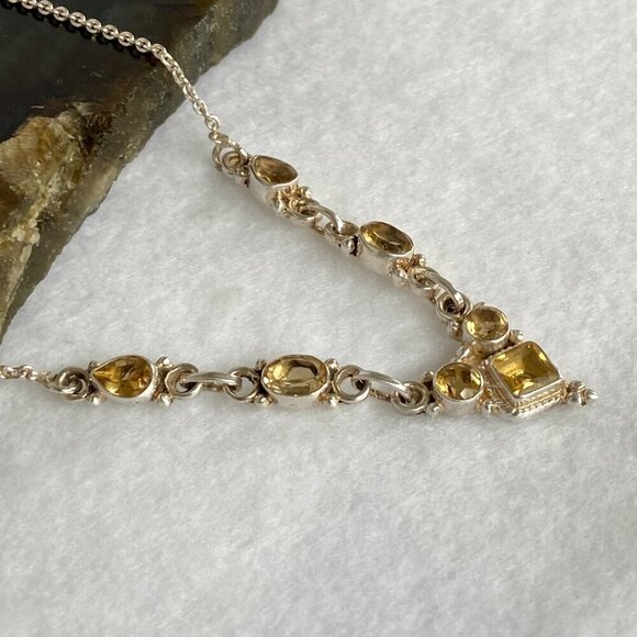 Sterling Silver 925 Multi Gemstone Citrine Collar V Necklace Cable Chain 17" - Picture 15 of 16
